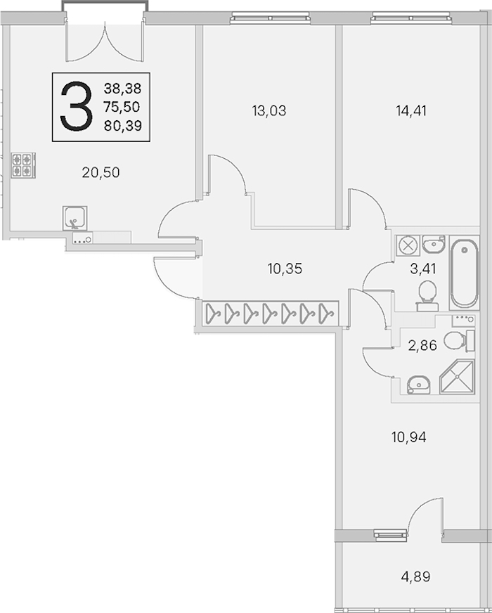3-комнатная квартира 75.5 м², 3/4 эт., ЖК «Любоград в Стрельне»